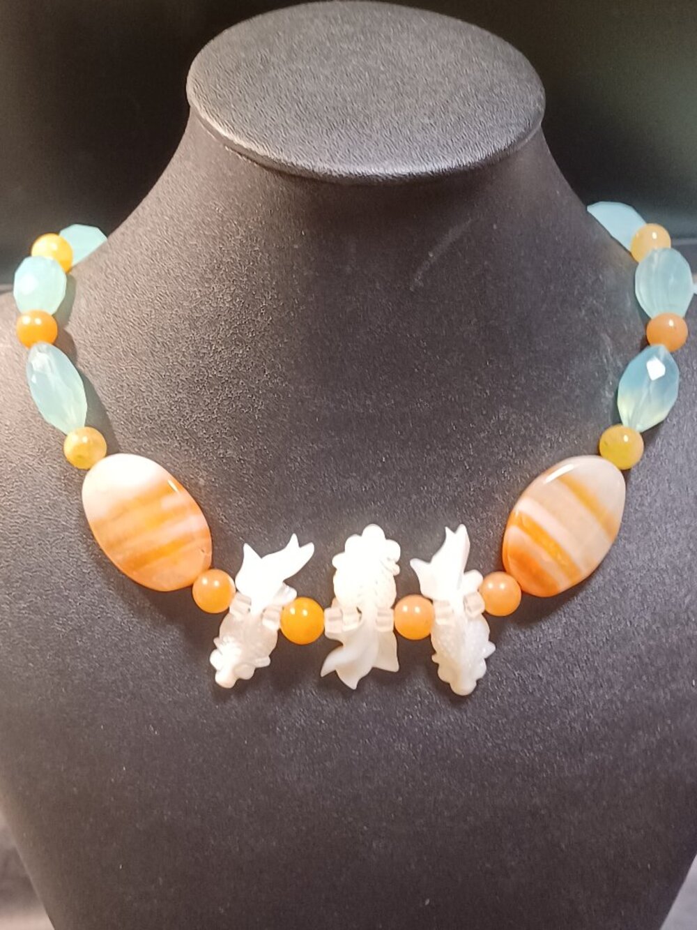 "The Islander's Stage" - Tropical Chalcedony & Carved Mother of Pearl Necklace